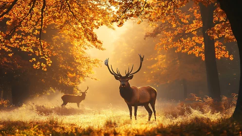 Red deer stag in golden autumn forest light at dawn.
