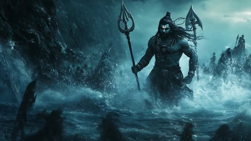 Storm-walking warrior god striding through wild ocean waves.