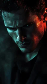 Moody close-up portrait in dramatic teal and orange light.