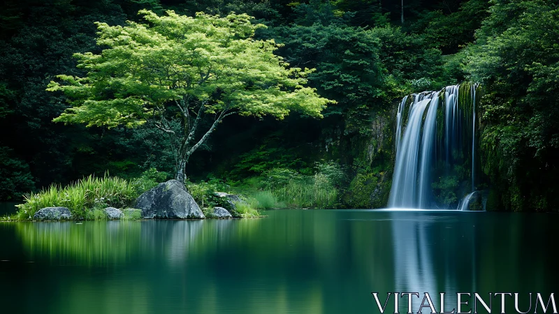 Lacustrine islet tree and curtain waterfall in dense forest.