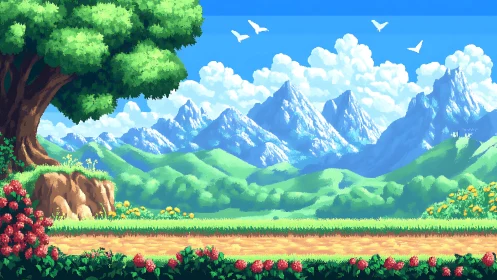 Pixel landscape with tree, mountains, flowers, and pathway.