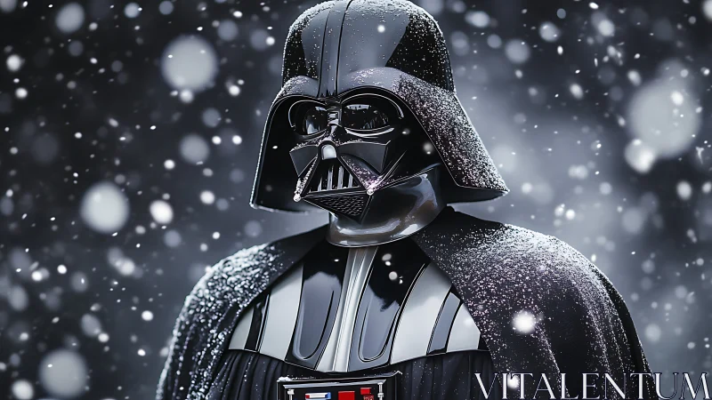 Snow-dusted dark armor glimmers in a silent galactic blizzard.