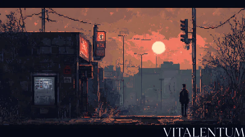 Sunset-washed loner crossing pixelated urban hush.