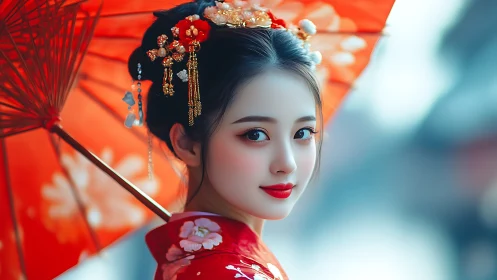 Crimson parasol glow with a gentle, luminous gaze.