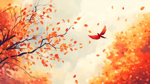 Scarlet bird soars through swirling autumn leaves in light.
