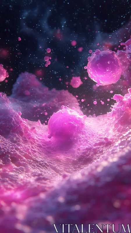 Neon pink cellular spheres swirl through cosmic liquid space.