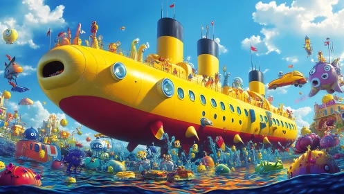 Playful yellow submarine sails through a whimsical toy ocean