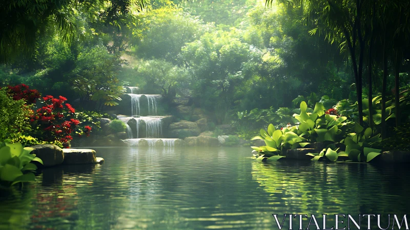 Lush tropical pond with tiered waterfall in dense greenery.