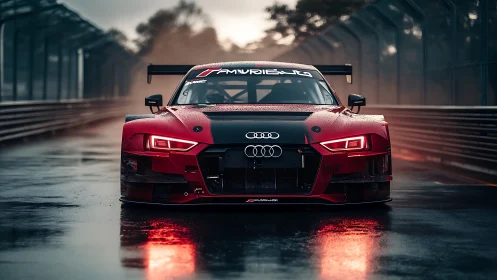 Audi race car waits on wet track in moody evening light.