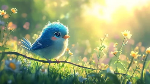 Cute blue songbird on sunlit meadow branch at dawn.