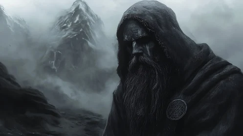 Weathered cloaked warrior rendered in desaturated, high-contrast chiaroscuro