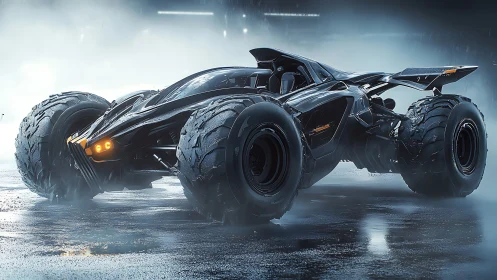 Hyper-aggressive quad-tread tactical vehicle in wet neon haze.