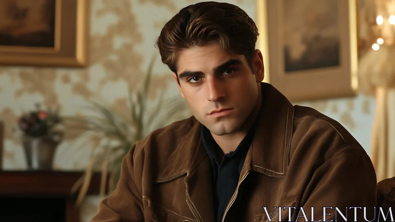 Young man in brown suede jacket under soft indoor lighting