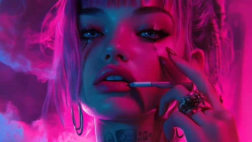 Neon-soaked cyberpunk portrait of smoking futuristic rebel.