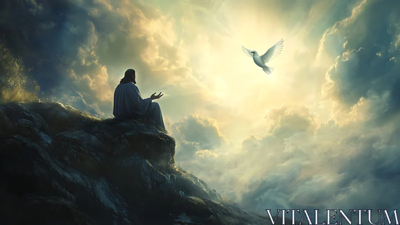 Sunlit summit prayer beneath a soaring white dove.