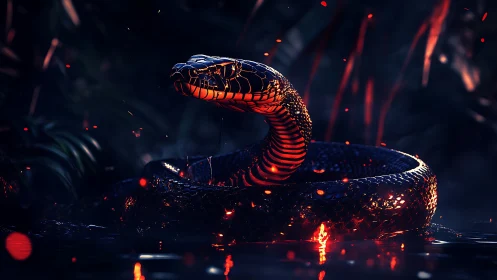 Cinematic coiled serpent in embers with dramatic rim lighting.