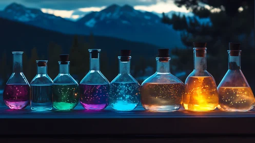 Glowing colorful potion bottles lined up before mountains.