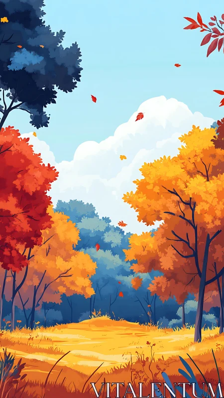 Autumn forest landscape with falling leaves and clearing.