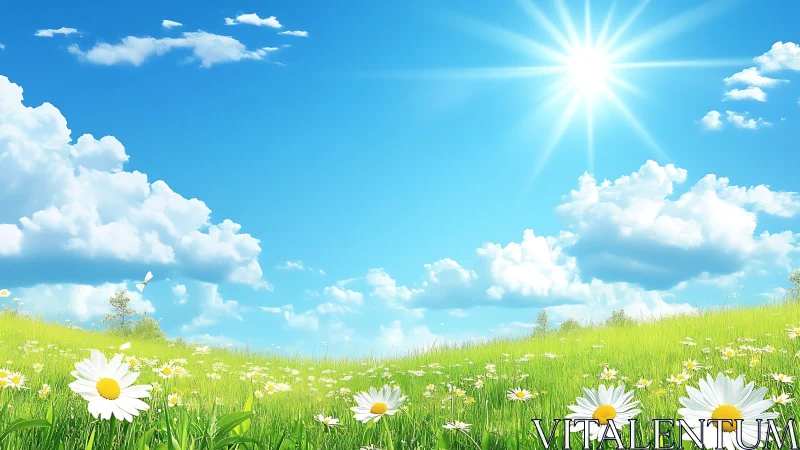 Digital painting of sunlit daisy meadow with wide sky focus.