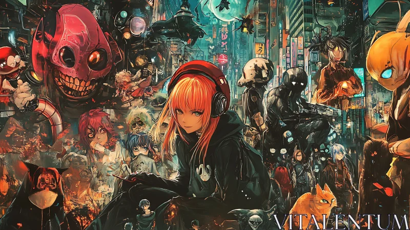 Neon alley vigilante amid chaotic cyberpunk creatures.