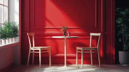 Small round table and two chairs against strong red wall