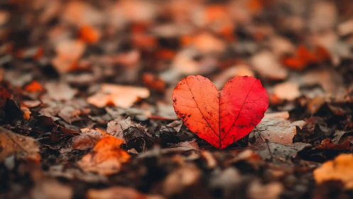 Red heart-shaped leaf rests on autumn forest ground