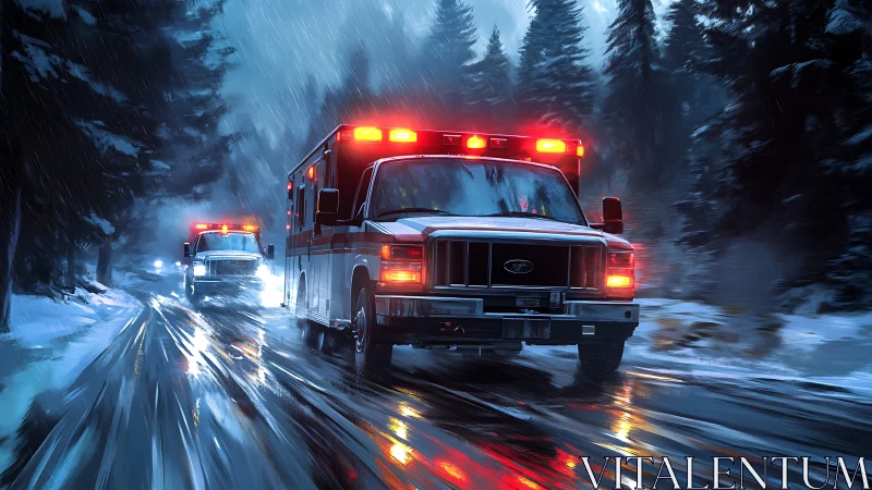 Emergency ambulances on wet winter forest roadway at night.