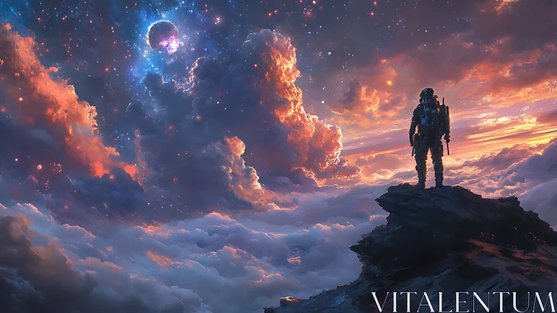 Solitary astronaut studies luminous nebula over cloud sea