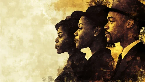 Textured side-profile triptych of three elegant figures in hats