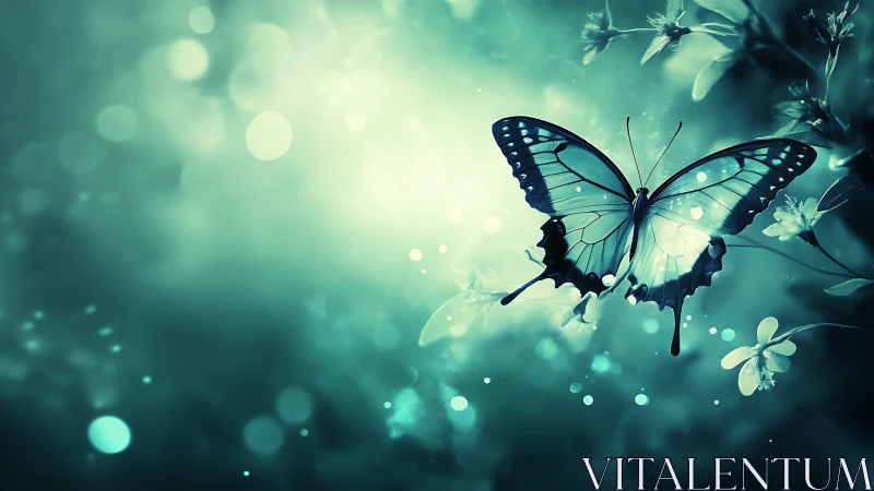 Butterfly glows over teal bokeh garden in ethereal light.