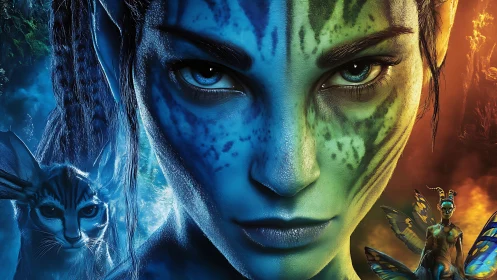 Bicolor alien portrait uniting bioluminescent forest and firelight realms