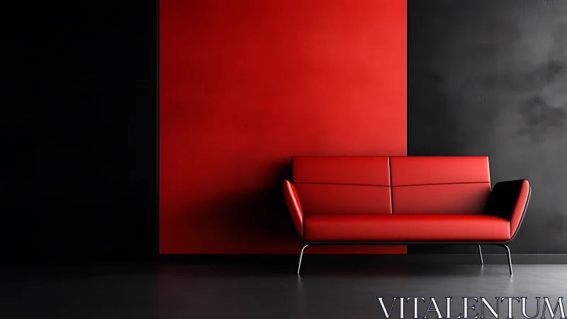 Crimson sofa cuts sharp elegance through noir minimal walls.
