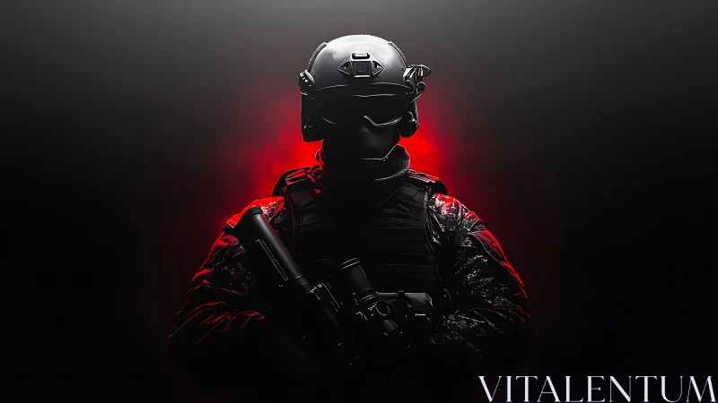 Tactical soldier silhouette with rifle on red backlight.