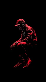 Chromatic red silhouette of seated streetwear figure in void.