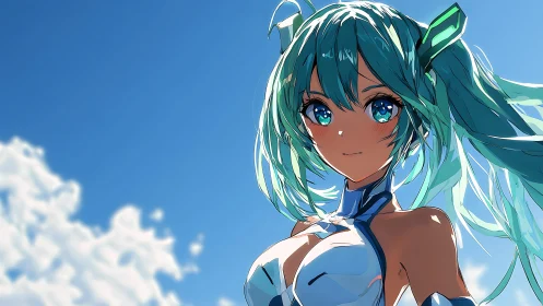 Celestial turquoise-haired anime idol under high-key sky.