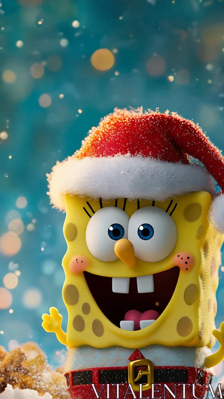 Cheerful sponge character celebrates a bright snowy Christmas