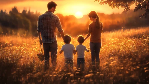 Family of Four Walking Through Golden Field at Sunset