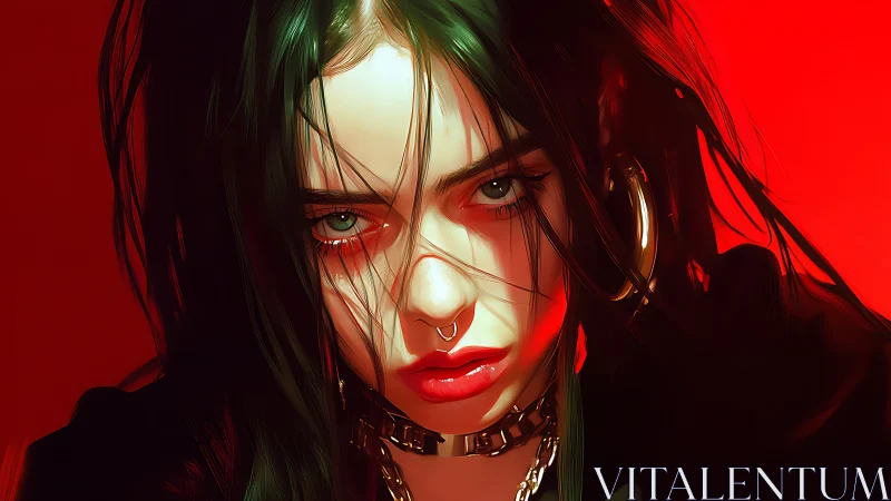 Intense digital portrait under vivid red lighting glow.