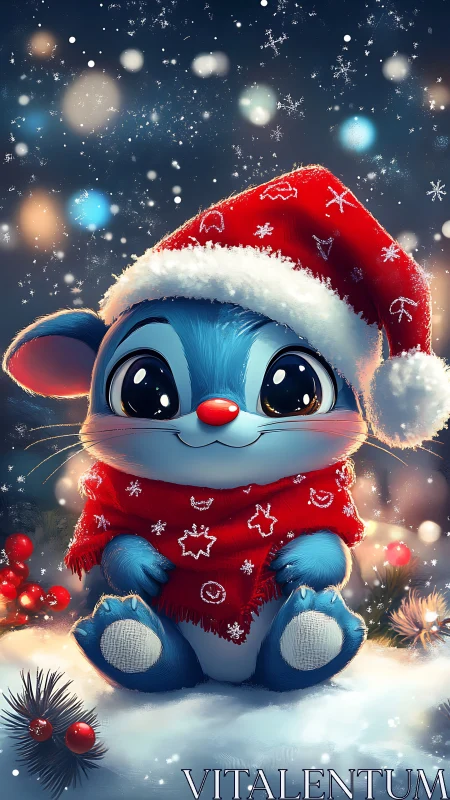 Blue cartoon animal wears Santa hat in snowy forest night