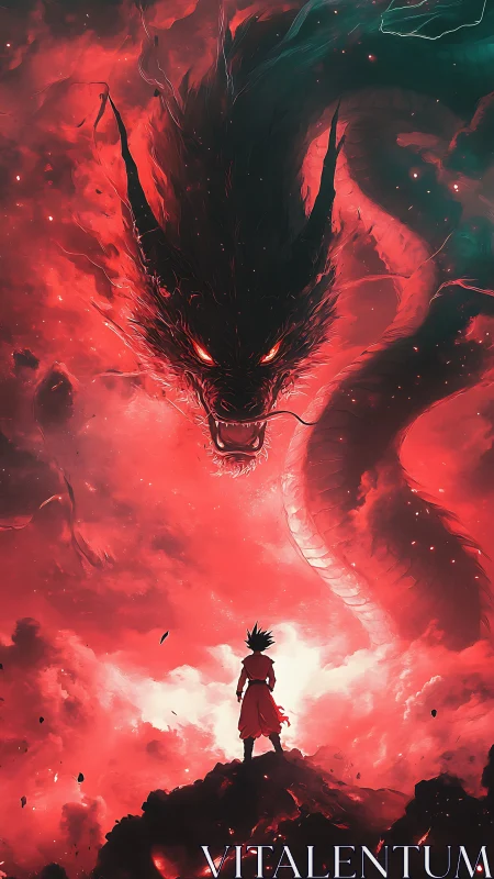 Fiery anime warrior confronts colossal celestial dragon.