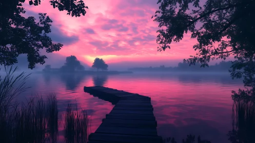 Pink dawn glows over a misty lake and weathered wooden pier