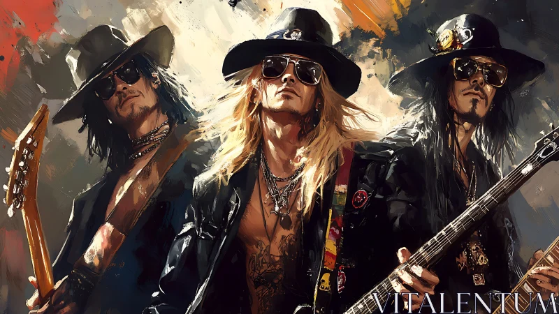 Rock band trio posed with guitars in stylized portrait