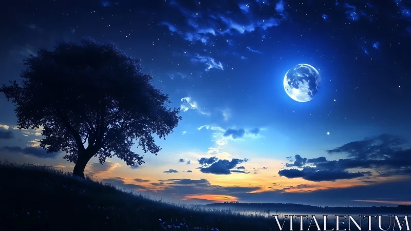 Lone hillside tree under luminous blue moonlit sky.