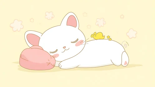 Minimalist cartoon white cat resting with cushion and bird.