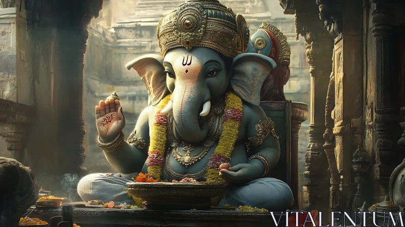 Divine Ganesha idol in ornate temple light and incense glow.