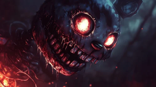 Decayed robotic bunny head with glowing eyes in darkness.