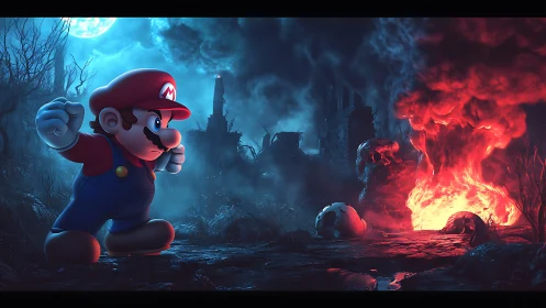 Mario advancing through apocalyptic lava wasteland.