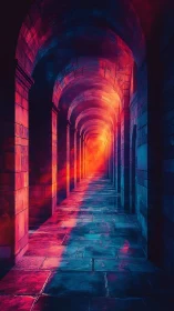 Glowing stone arcade bathed in dreamy sunset neon light.