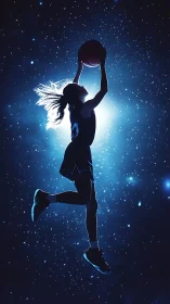 Silhouetted spacecourt dunk in backlit photorealistic profile.