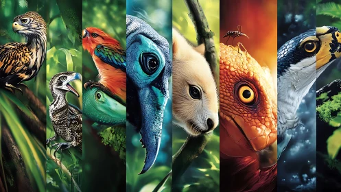 Vibrant Split-Panel Art of Jungle Birds, Reptiles, and Mammals.